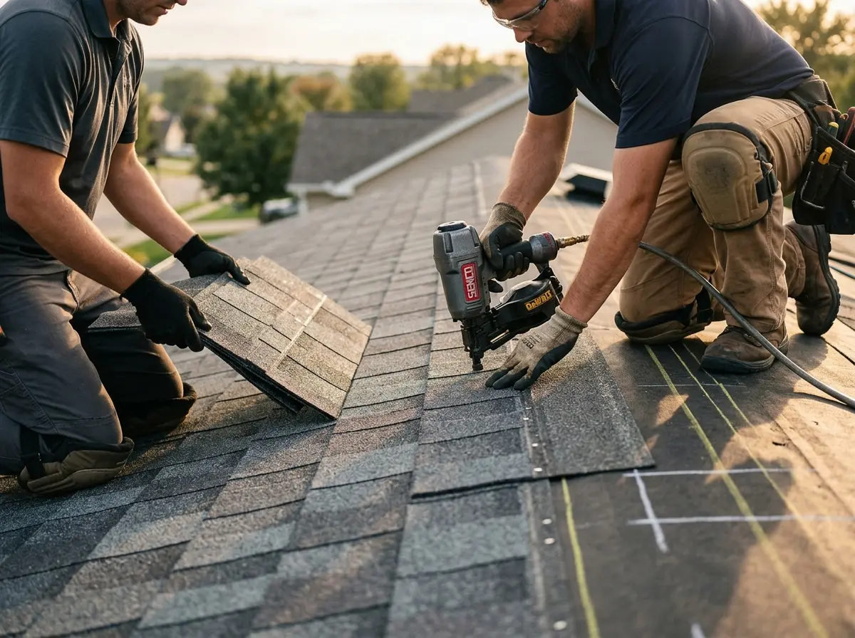 Professional roofer working on a residential roof in Malibu